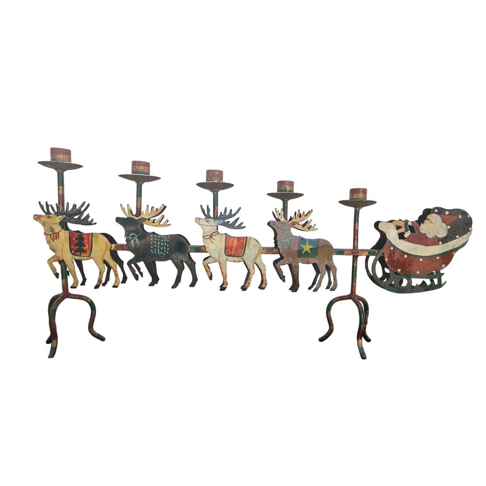 Vintage Folk Art Metal Santa Sleigh Reindeer Christmas Candelabra Candle Holder